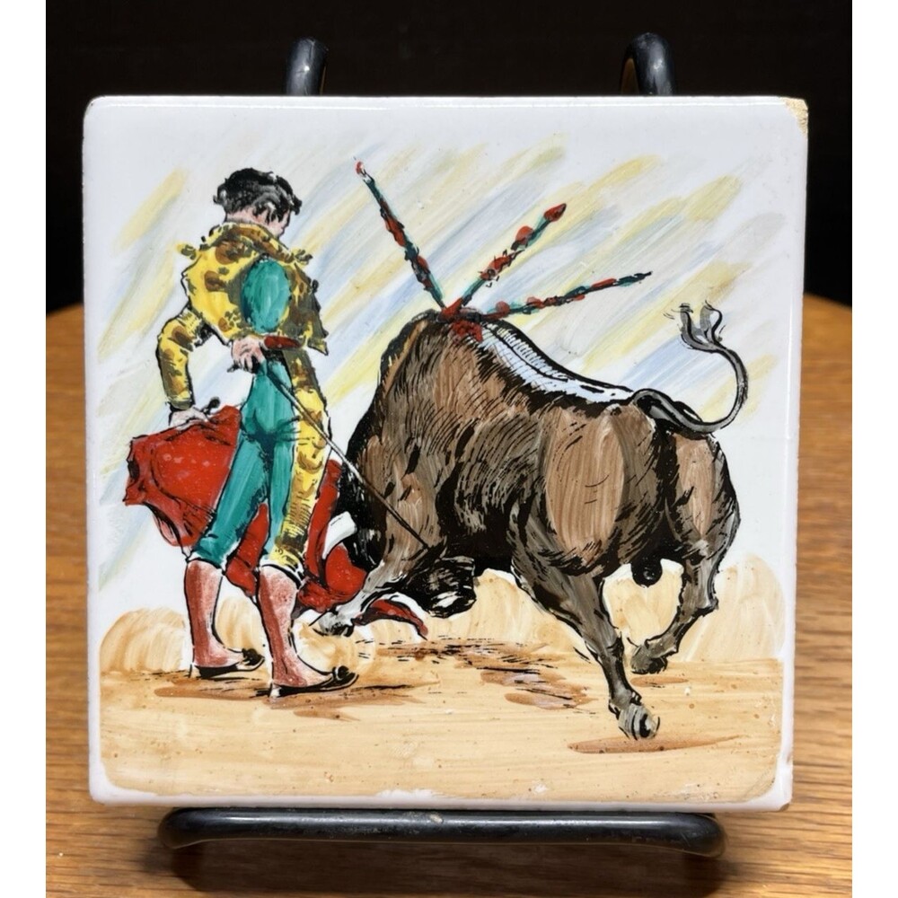 Vtg La Giralda 4.25" Ceramic Tile Matador Bull Fight Made in Spain Toro Matador